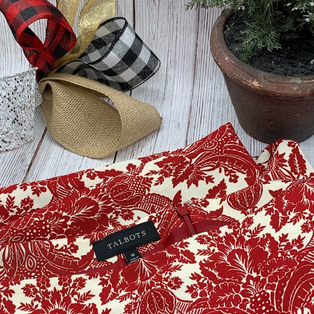 Talbots NWOT Silk Blend Beautiful Damask Skirt 18 - Cream & Red